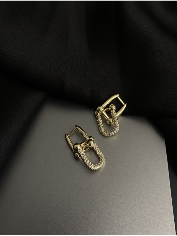 Сережки 2в1 з камінцями англійський замок золотого кольору 33746