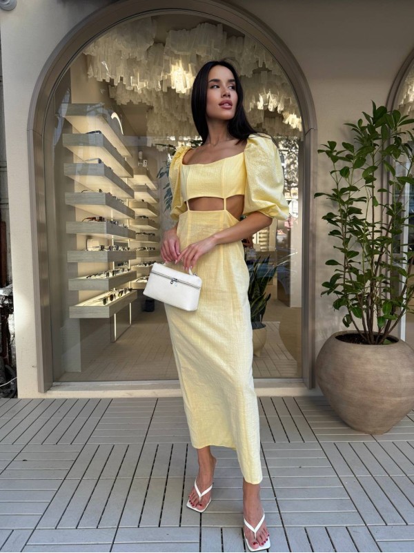 Довга лляна сукня жовтого кольору 33775