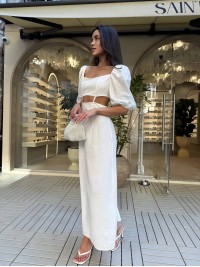 Довга лляна сукня молочного кольору 33776