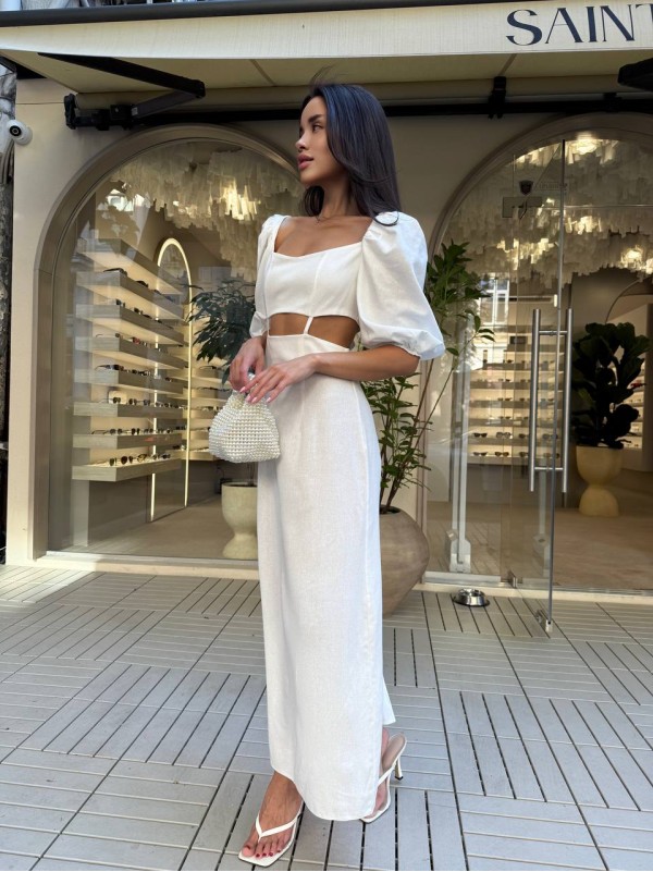 Довга лляна сукня молочного кольору 33776