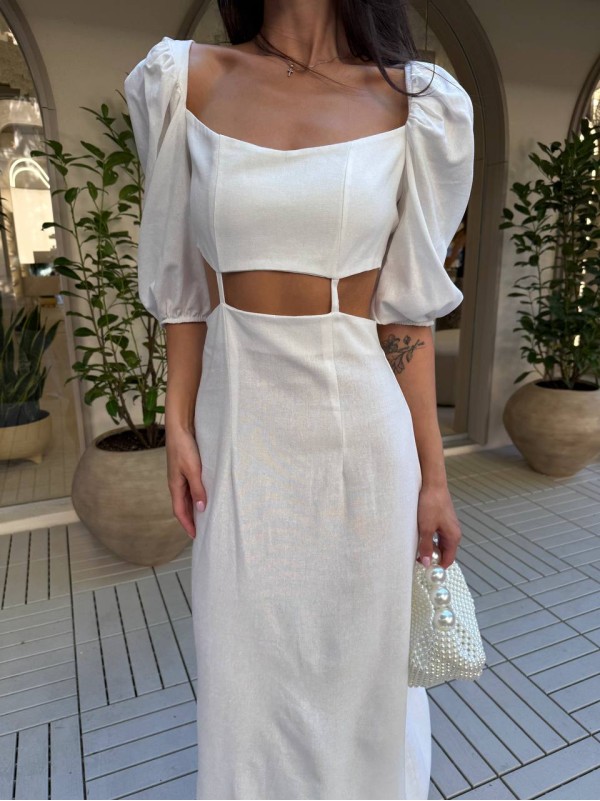 Довга лляна сукня молочного кольору 33776