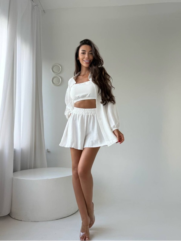 Літній жіночий костюм 3-ка молочного кольору 33791