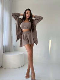 Літній жіночий костюм 3-ка коричневого кольору 33793