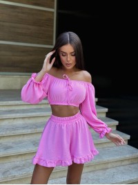 Жіночий костюм двійка топ+шорти рожевого кольору 33796