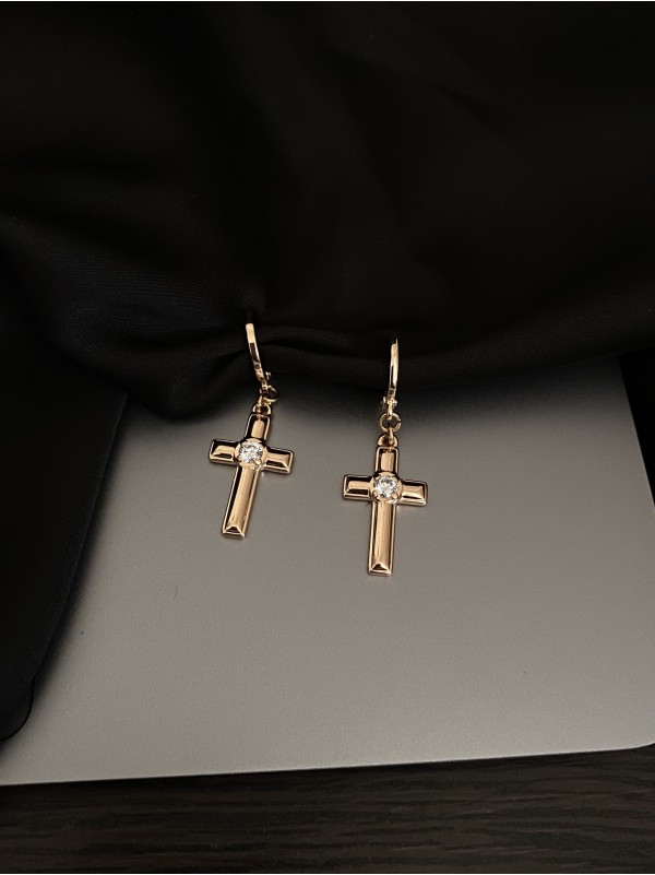 Сережки хрестики з камінчиком круглий замок золотого кольору 33805