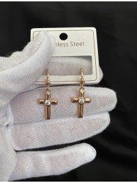 Сережки хрестики з камінчиком круглий замок золотого кольору 33805