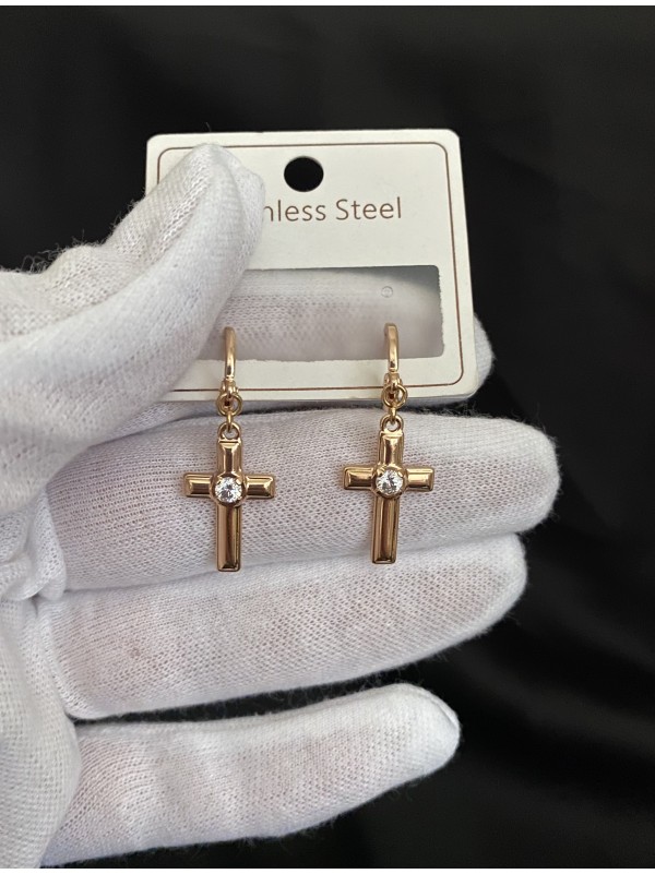 Сережки хрестики з камінчиком круглий замок золотого кольору 33805