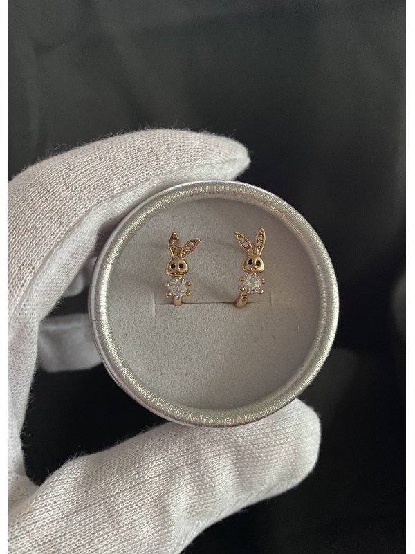 Сережки зайчики з камінцями круглий замок золотого кольору 33831