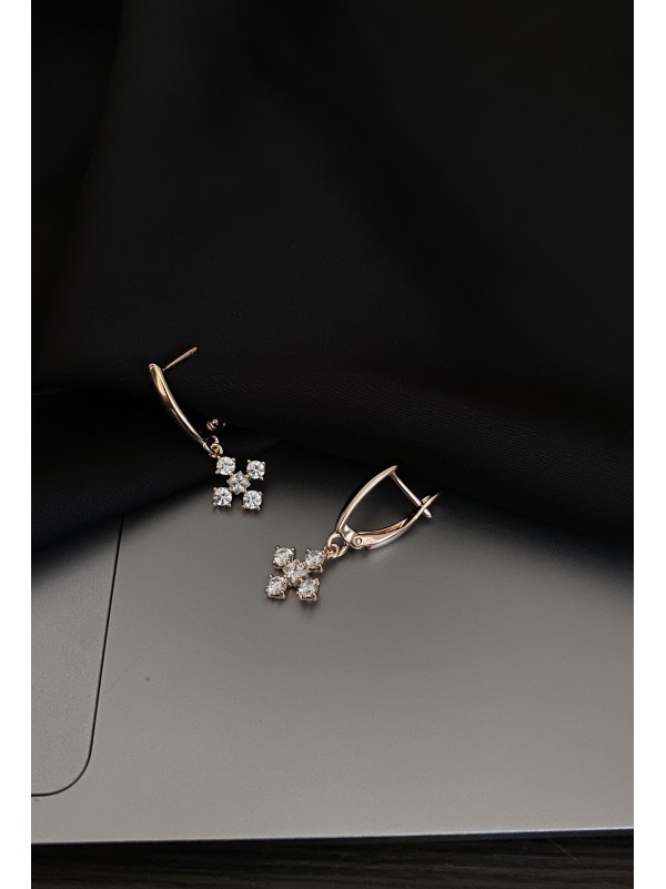 Сережки хрестики з камінцями англійський замок золотого кольору 33838