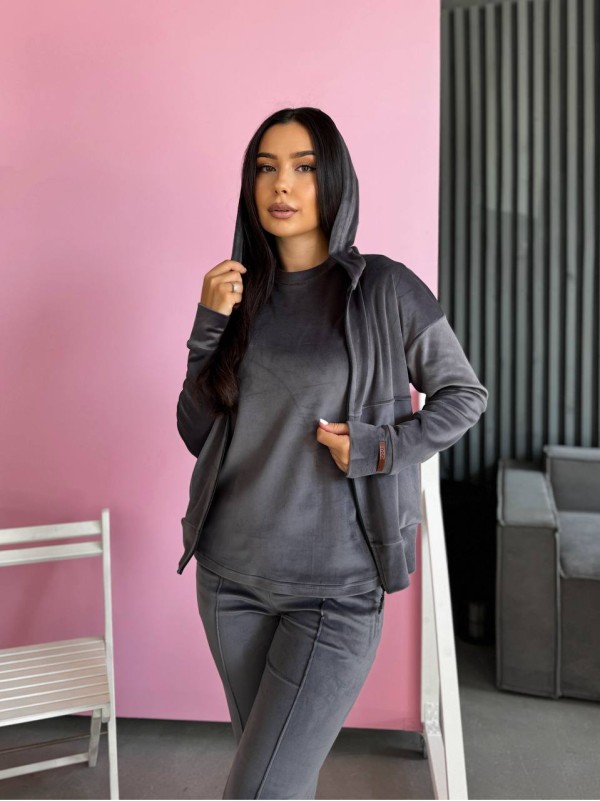 Жіночий велюровий костюм 3-ка графiтового кольору 33846