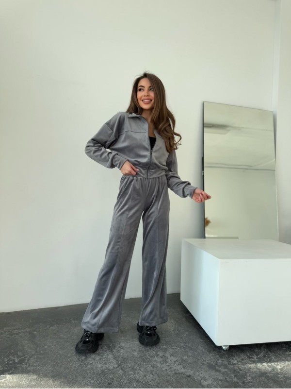 Велюровий жіночий костюм на блискавці сiрого кольору 33884