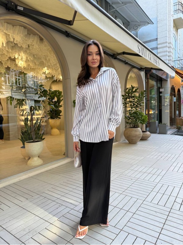 Шовкова жіноча сорочка у смужку сiрого кольору 33928