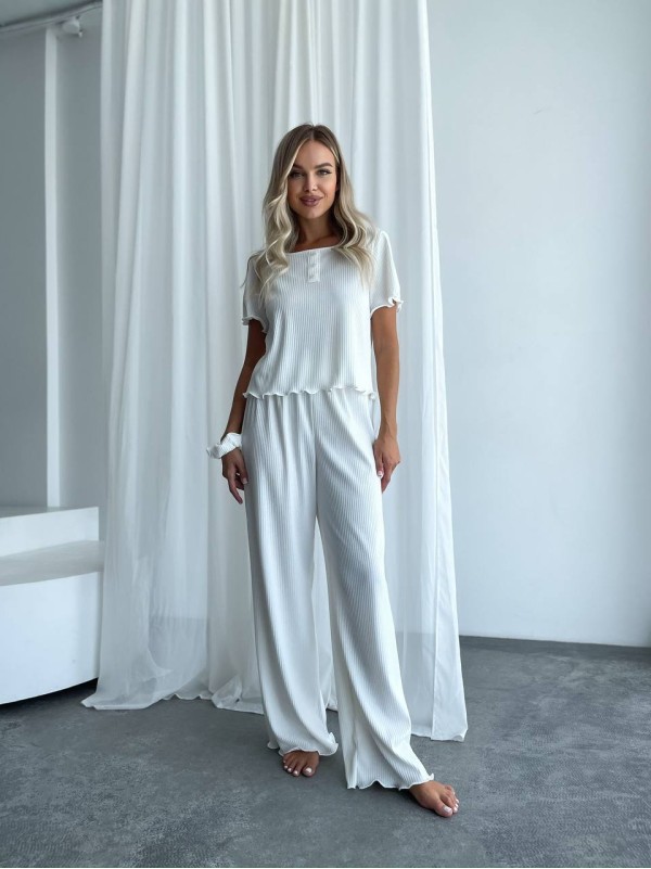 Жіночий домашній комплект трійка (топ+резинка+штани) молочного кольору 34009