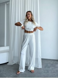 Жіночий домашній комплект трійка (топ+резинка+штани) молочного кольору 34009