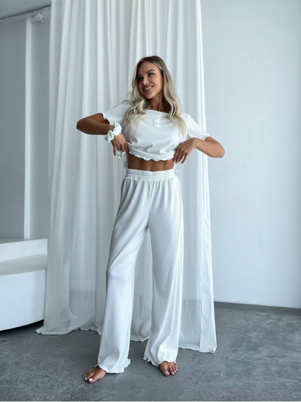 Жіночий домашній комплект трійка (топ+резинка+штани) молочного кольору 34009