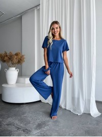 Жіночий домашній комплект трійка (топ+резинка+штани) синього кольору 34010