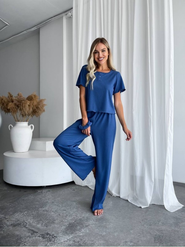 Жіночий домашній комплект трійка (топ+резинка+штани) синього кольору 34010