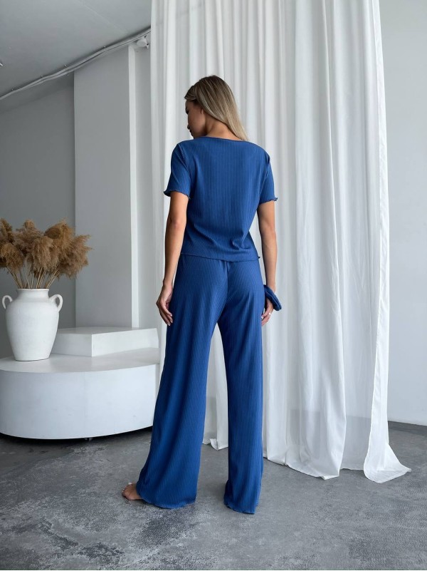 Жіночий домашній комплект трійка (топ+резинка+штани) синього кольору 34010