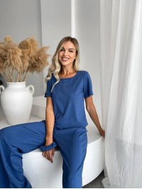 Жіночий домашній комплект трійка (топ+резинка+штани) синього кольору 34010