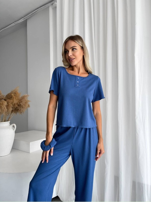 Жіночий домашній комплект трійка (топ+резинка+штани) синього кольору 34010
