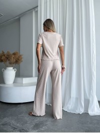 Жіночий домашній комплект трійка (топ+резинка+штани) бежевого кольору 34011