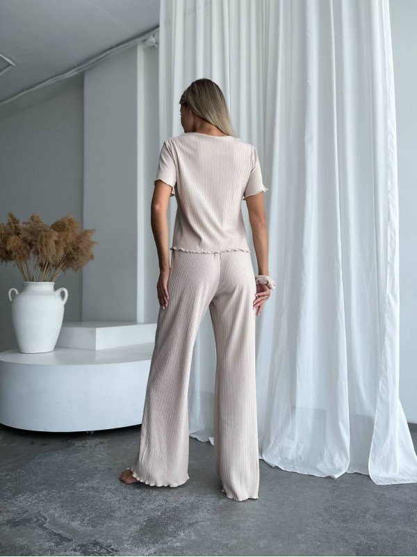 Жіночий домашній комплект трійка (топ+резинка+штани) бежевого кольору 34011