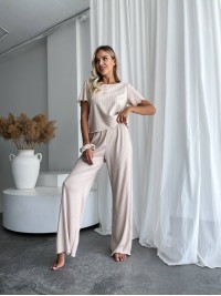 Жіночий домашній комплект трійка (топ+резинка+штани) бежевого кольору 34011