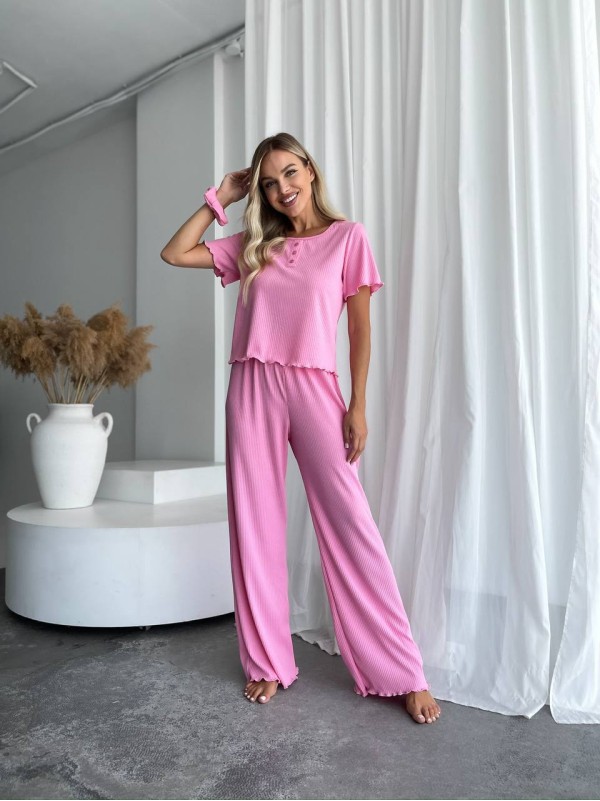 Жіночий домашній комплект трійка (топ+резинка+штани) рожевого кольору 34012