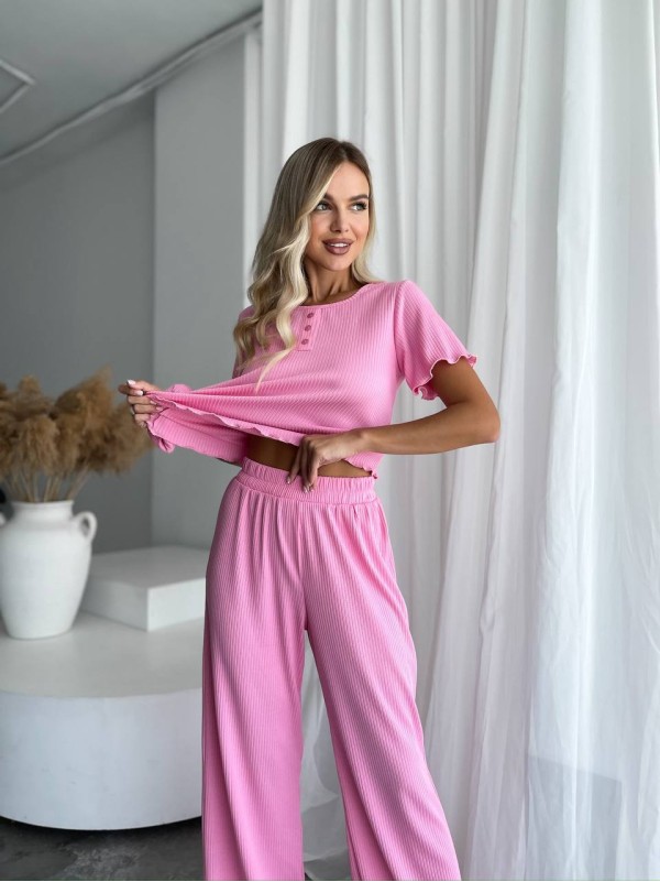 Жіночий домашній комплект трійка (топ+резинка+штани) рожевого кольору 34012