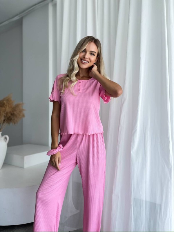 Жіночий домашній комплект трійка (топ+резинка+штани) рожевого кольору 34012
