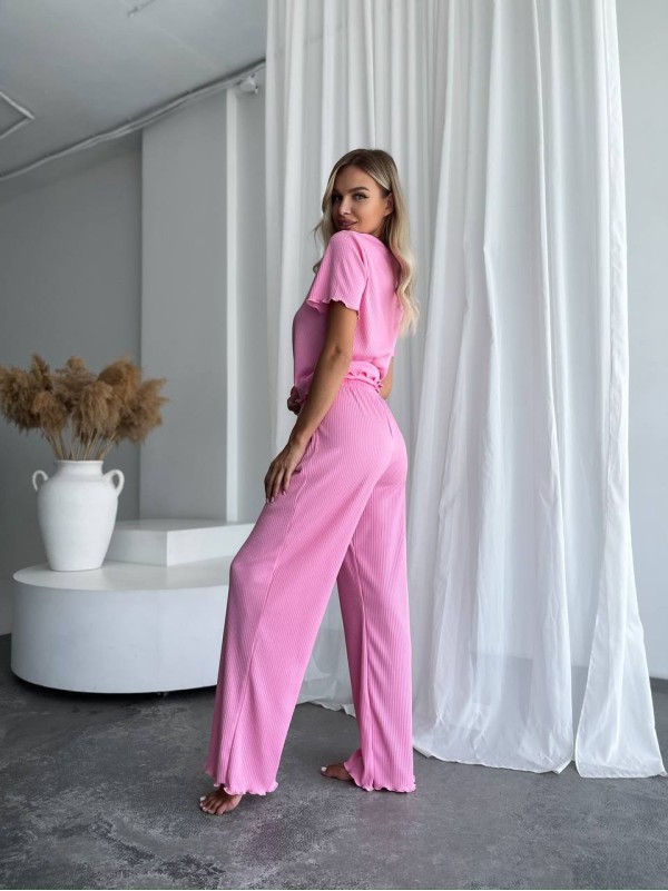 Жіночий домашній комплект трійка (топ+резинка+штани) рожевого кольору 34012