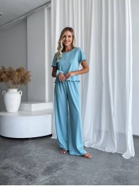 Жіночий домашній комплект трійка (топ+резинка+штани) м'ятного кольору 34013