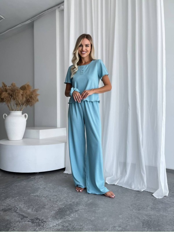 Жіночий домашній комплект трійка (топ+резинка+штани) м'ятного кольору 34013