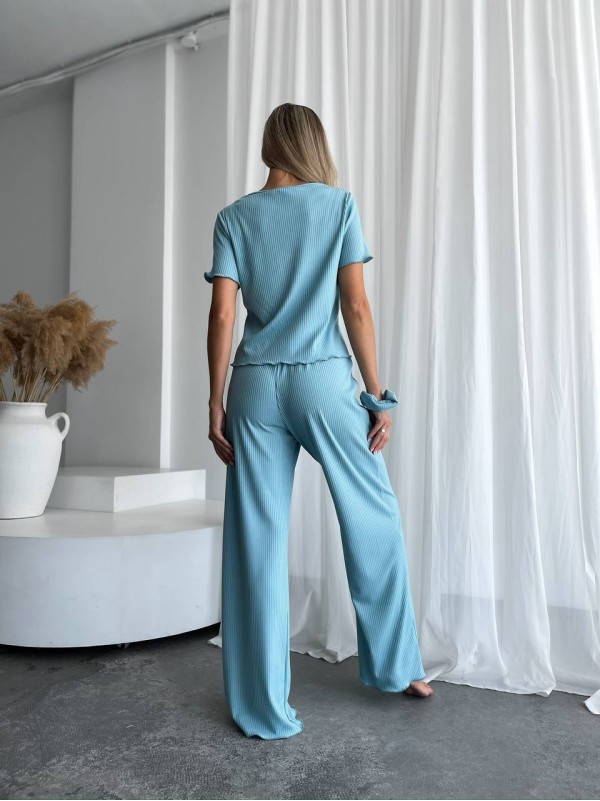 Жіночий домашній комплект трійка (топ+резинка+штани) м'ятного кольору 34013