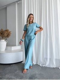 Жіночий домашній комплект трійка (топ+резинка+штани) м'ятного кольору 34013