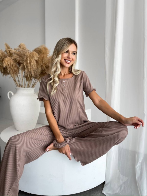 Жіночий домашній комплект трійка (топ+резинка+штани) кавового кольору 34014