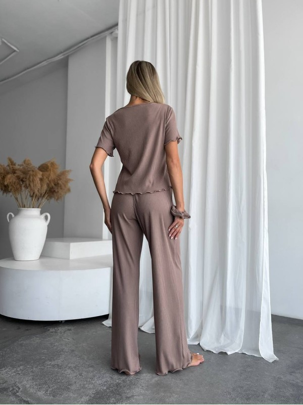 Жіночий домашній комплект трійка (топ+резинка+штани) кавового кольору 34014