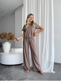 Жіночий домашній комплект трійка (топ+резинка+штани) кавового кольору 34014