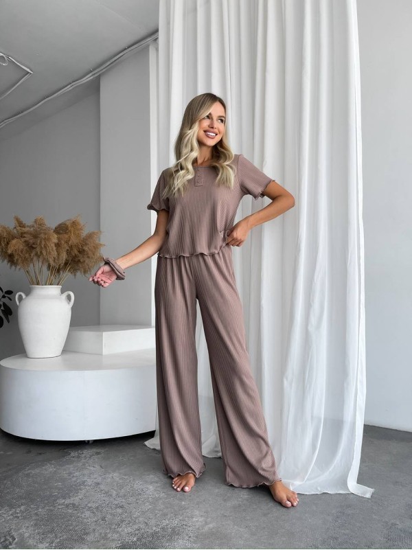 Жіночий домашній комплект трійка (топ+резинка+штани) кавового кольору 34014