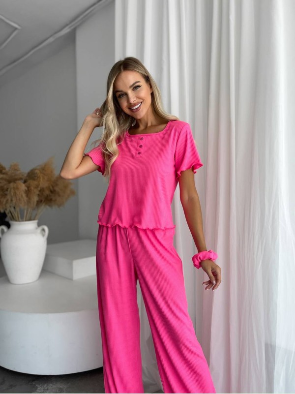 Жіночий домашній комплект трійка (топ+резинка+штани) малинового кольору 34015