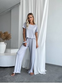 Жіночий домашній комплект трійка (топ+резинка+штани) сiрого кольору 34016