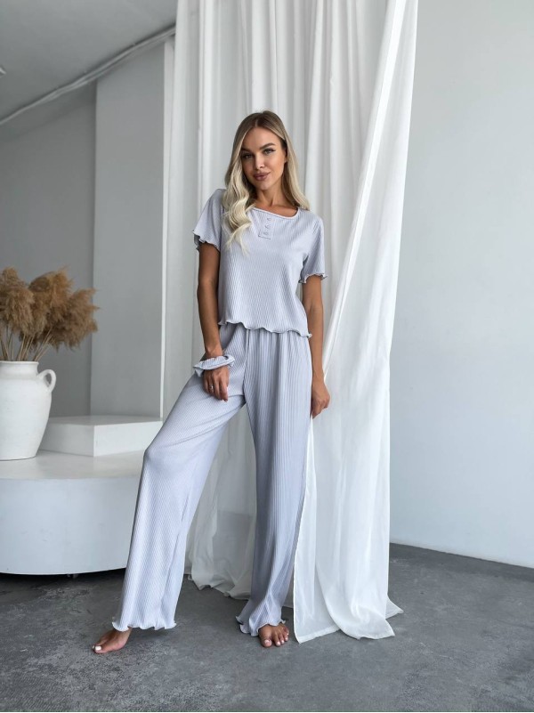 Жіночий домашній комплект трійка (топ+резинка+штани) сiрого кольору 34016