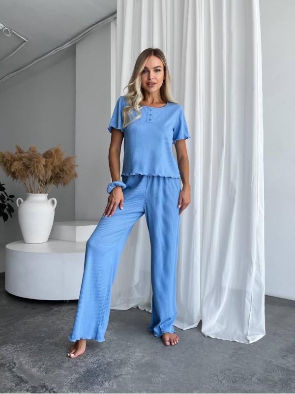 Жіночий домашній комплект трійка (топ+резинка+штани) блакитного кольору 34017