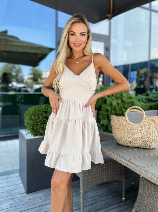 Легка сукня міні на бретельках бежевого кольору 34025