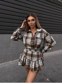 Жіночий костюм зі спідницею в клітку кавового кольору 34047