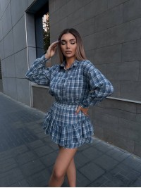 Жіночий костюм зі спідницею в клітку синього кольору 34048
