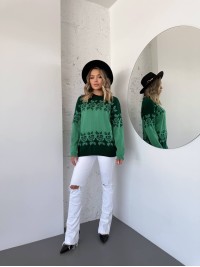 Жіночий светр з квітковим орнаментом зеленого кольору 34076