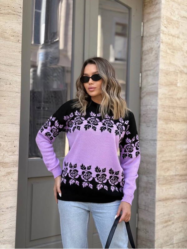 Жіночий светр з квітковим орнаментом бузкового кольору 34078