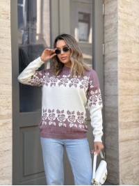 Жіночий светр з квітковим орнаментом молочного кольору 34080
