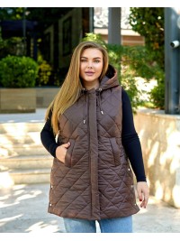 Подовжена жіноча демісезонна жилетка коричневого кольору 34091